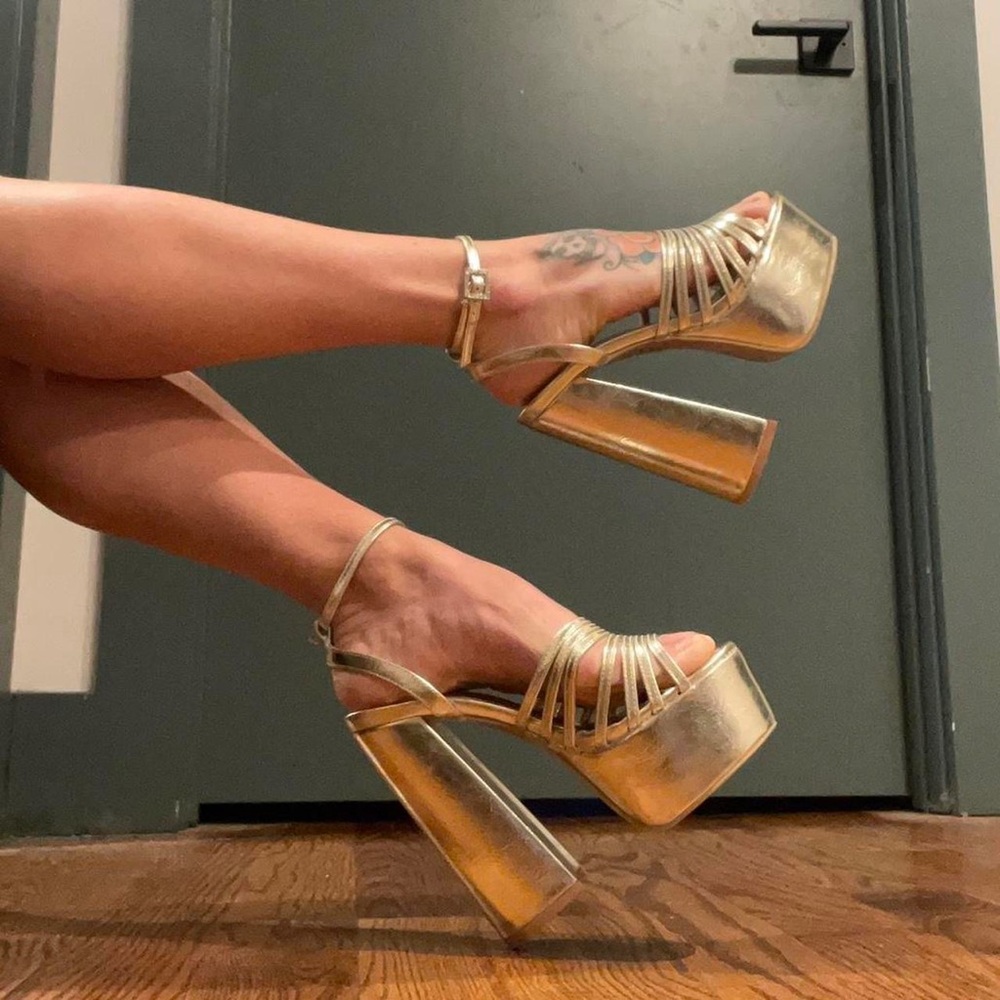 Metallic Gold Strappy Chunky Heels from Nasty Gal